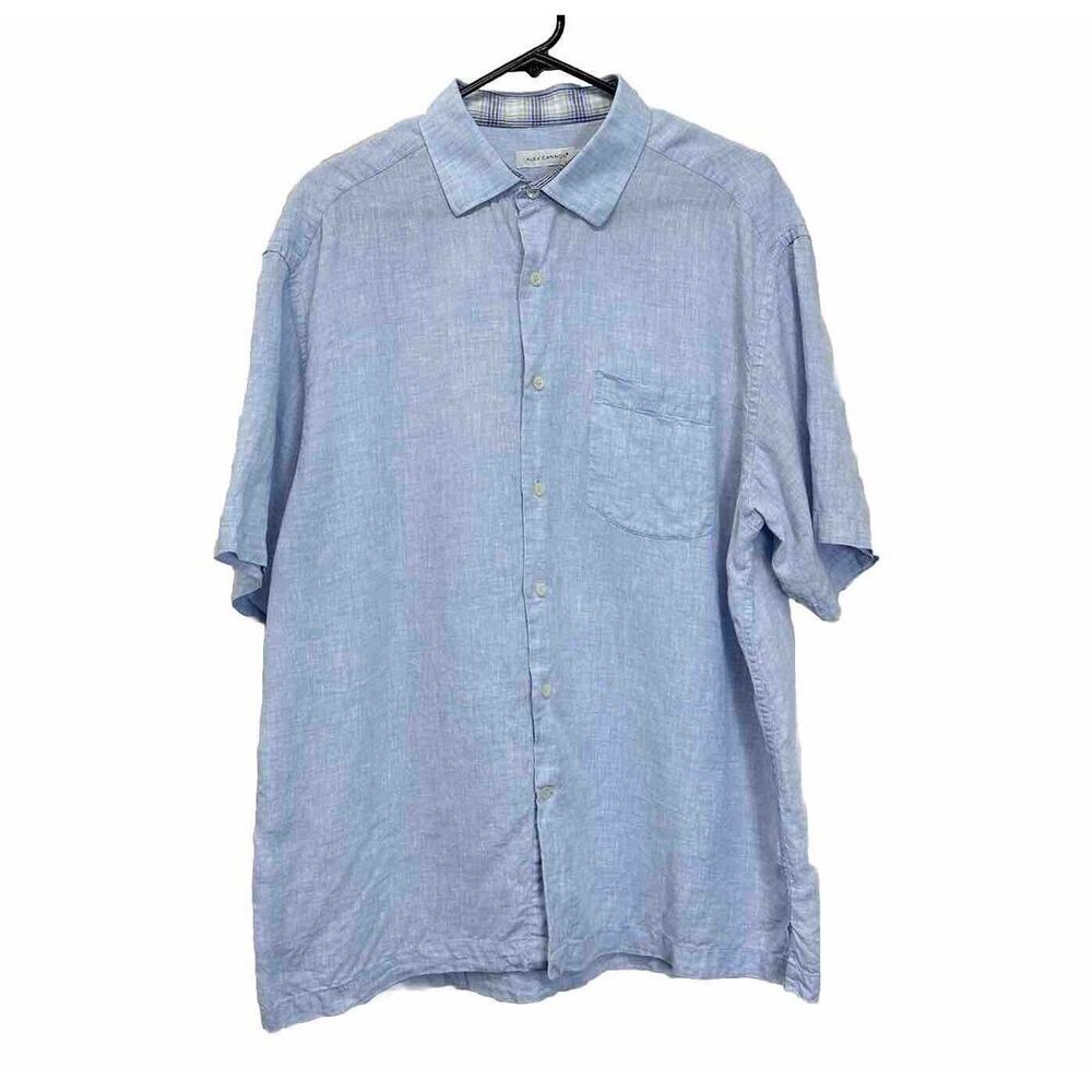 Alex‎ Cannon Mens Shirt Size Large 100% Linen Blue Short Sleeve Button Down